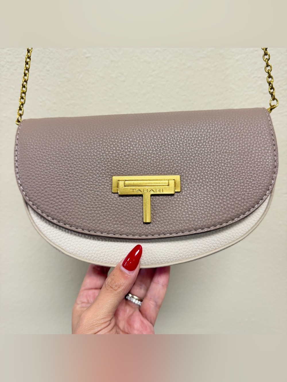 Tahari Taupe and Cream Pebbled Leather Crossbody